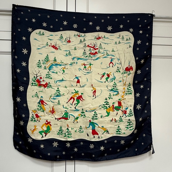 “Vintage GAP 100% Silk Scarf – Made in Italy, Winter Ice-Skating Scene” - Picture 1 of 6